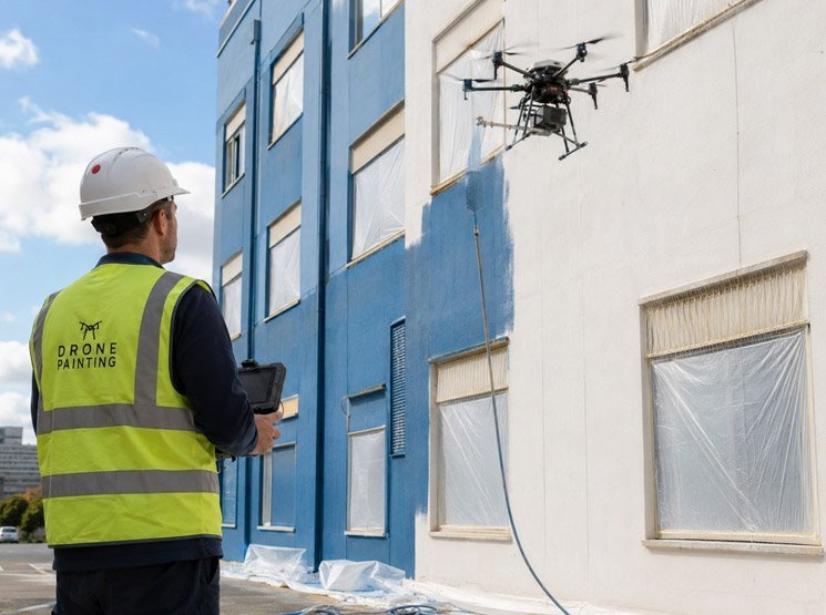 Limpieza con agua a presión mediante drones para fachadas y estructuras en España Limpieza de fachadas con dron sin andamios en España